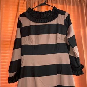 Dainty Jewell’s Dress—Dusty Pink & Black Stripes, Satin, Ruffle trim, Long Maxi